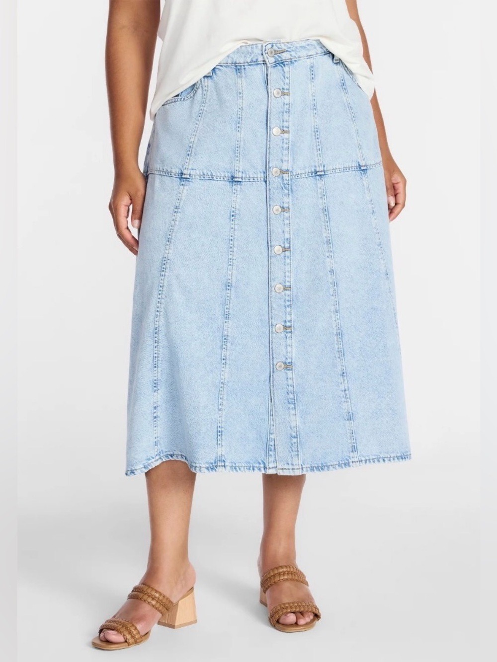 Terra & Sky Faded Blue Button-Front Denim Midi Skirt Plus size 22W - Picture 2 of 14